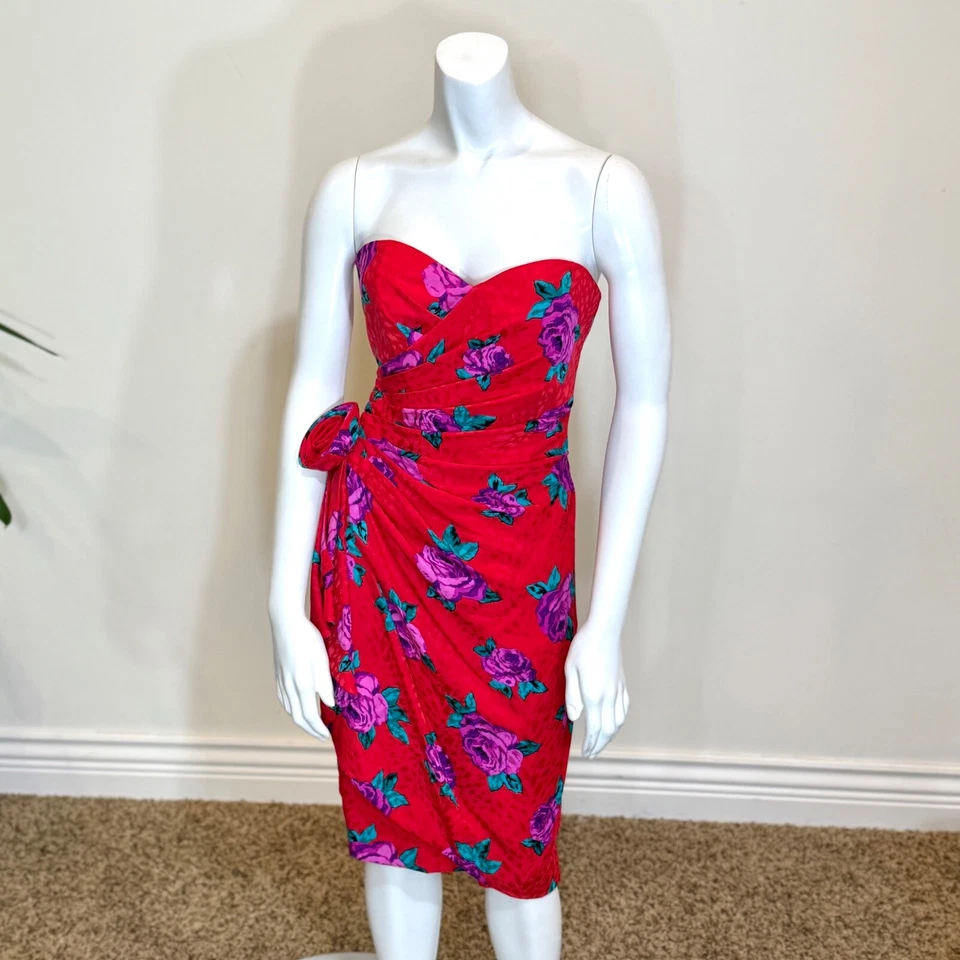 Vintage 80’s FLORAL SWEETHEART MINI DRESS Sz 8 100% Silk Party Cocktail Vibrant - Image 2 of 4