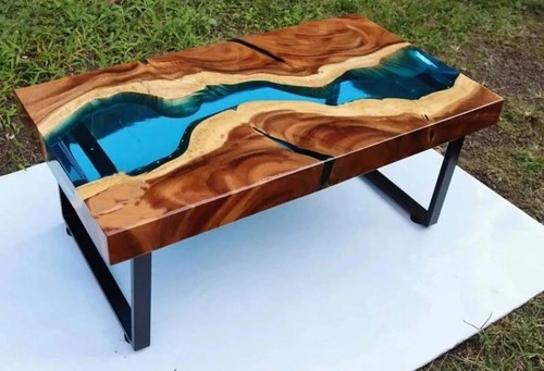 Rectangular Blue River Epoxy Resin Table Top With Stand Handmade Furniture Decor - Picture 4 of 7