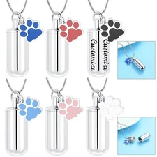 Paw Print Cylinder Urn Pendant Necklace for Cremation Ashes Pet Memory Necklace