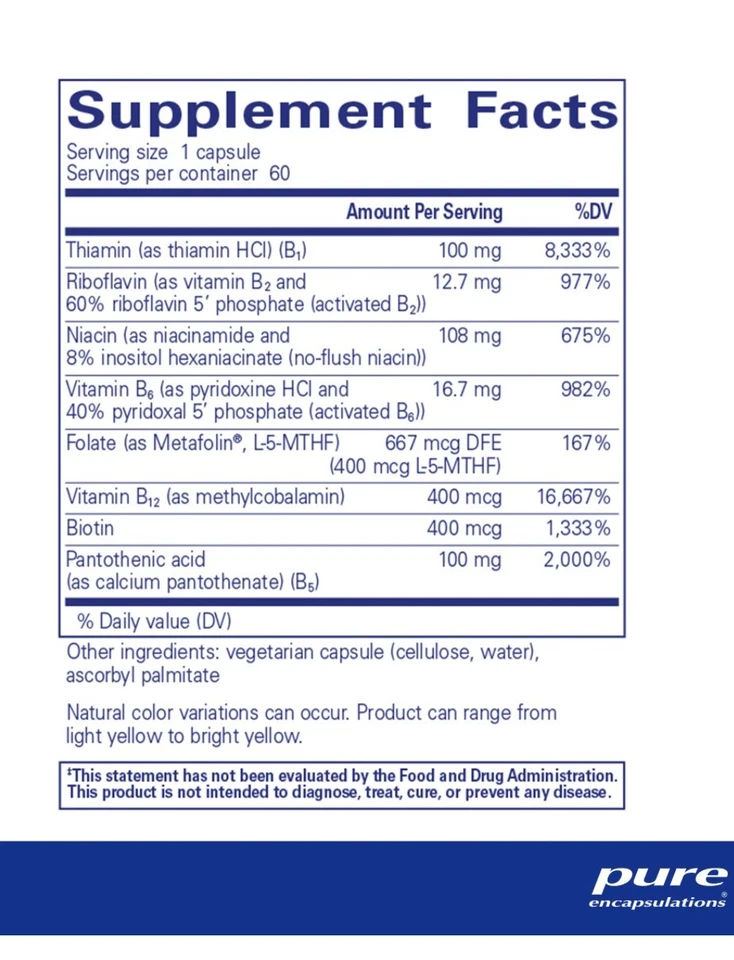 Pure Encapsulations B-Complex Plus; Vitaminas B-60 cápsulas-Nuevo Foto 2 de 2