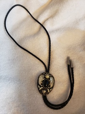 Vintage Silver And Black Onyx  Westen Bolo Tie  Makers Mark JG   Made In Mexico 