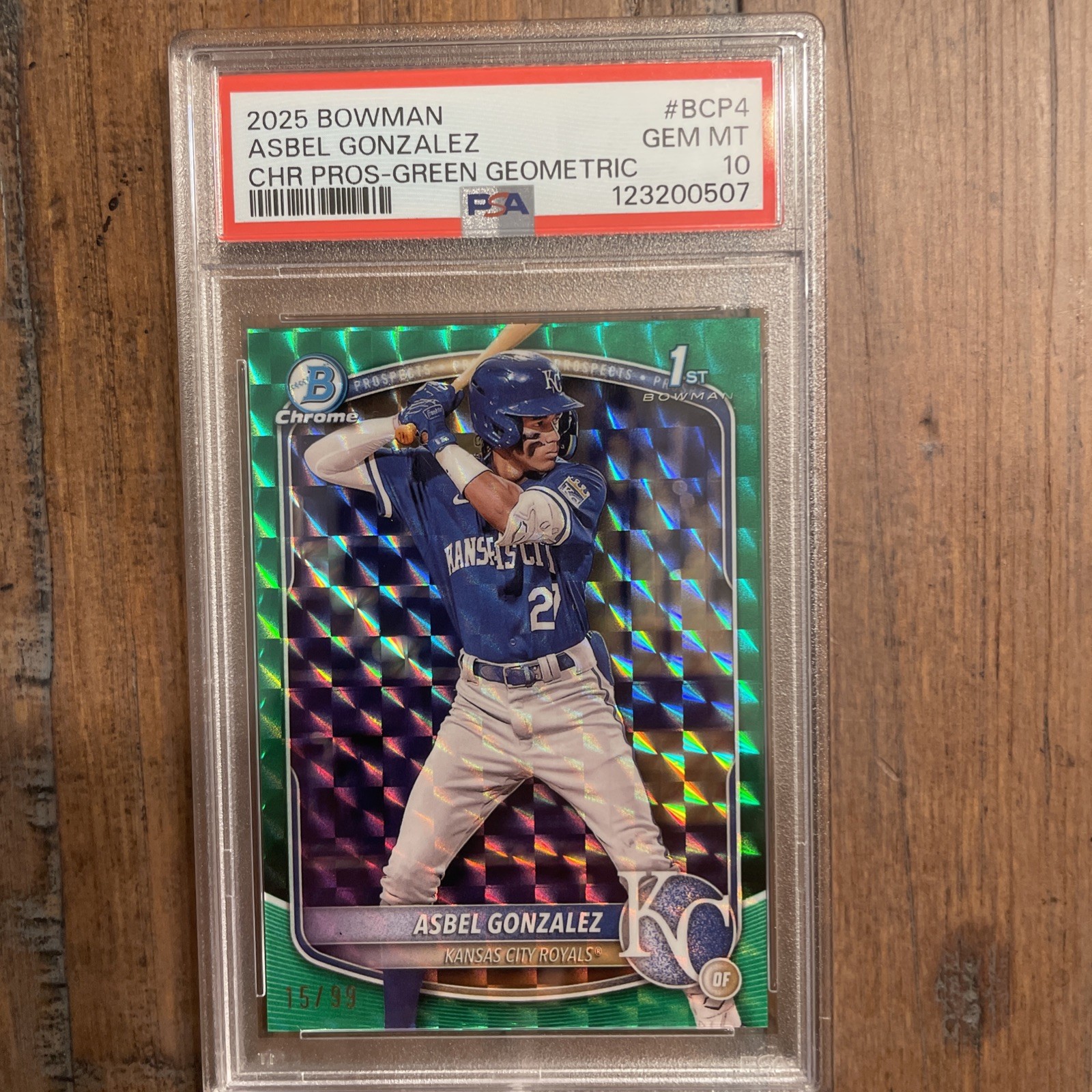 ASBEL GONZALEZ 2025 BOWMAN CHROME 1ST GREEN GEOMETRIC ROYALS /99 PSA 10