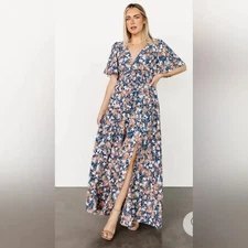 Baltic Born Women's Size M Blue Floral Verona Smocked Maxi Dress