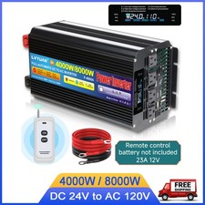 4000W 8000W 24V to 110V Power Inverter w/ Remote Control 4Socket USB LCD Display