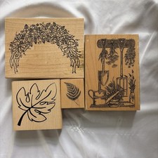 Wood Mounted Rubber Stamps Garden Nature Themed Vintage Arbor Watering Can