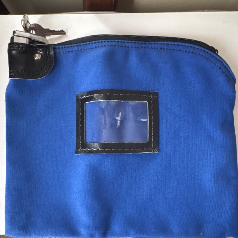Blue Zippered Locking Bank Deposit Bag w/ Keys, ID Window - Banking Theme