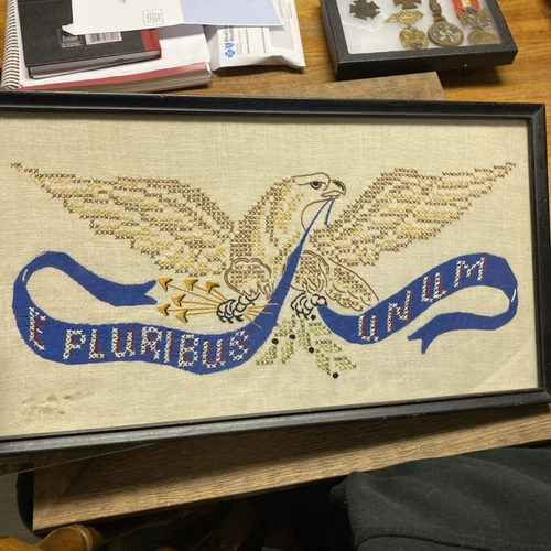 Vintage Needlepoint Sampler Patriotic American Eagle Flag 1940s Granny Core