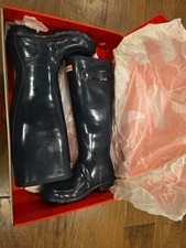 NEW-Women's Hunter Original Tall Gloss Navy Rain Boots Mud Boot US Size 5 Shiny