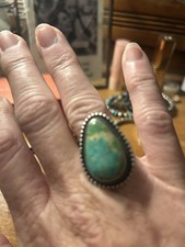 STUNNING Green Teal Turquoise Navajo Stamped Sterling Silver Ring