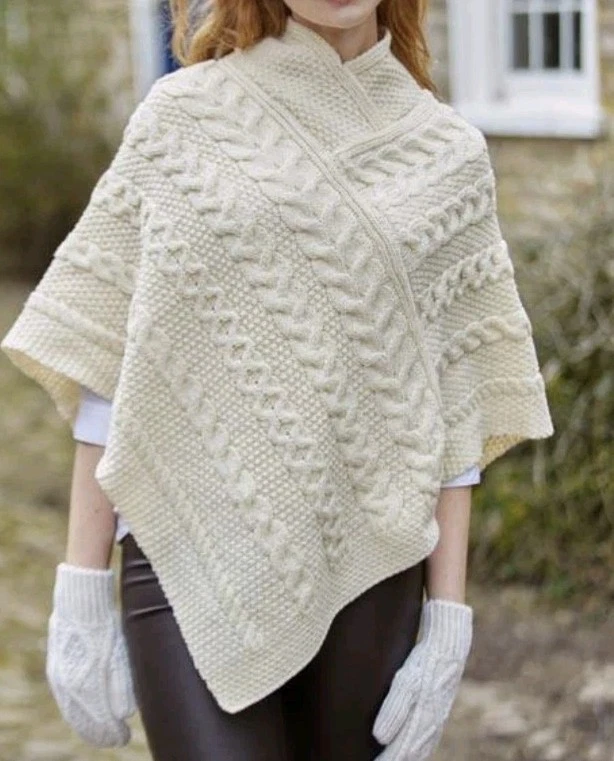 Aran Crafts Cable Knit Irish Merino Wool Fisherman's Poncho Womens M/L Cape