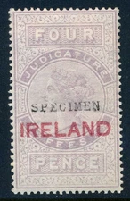 1878 Ireland 4d Judicature fiscal, #14 revenue stamp, MH, SPECIMEN