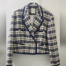 Sandro Paris Tweed Plaid Women's Jacket - Navy and Cream, Size 40
