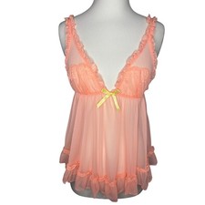 Victoria's Secret Sheer Mesh Peach Babydoll Lingerie Ruffles Yellow Bows Size S