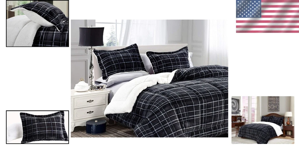 Plush Microsuede Plaid Comforter Set, Full/Queen, Black - Image 2 of 4