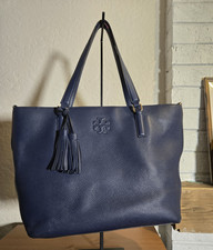 Tory Burch Navy Pebbled Large Tote Double Handles Gold Hardware 13 x 11 x 4.5