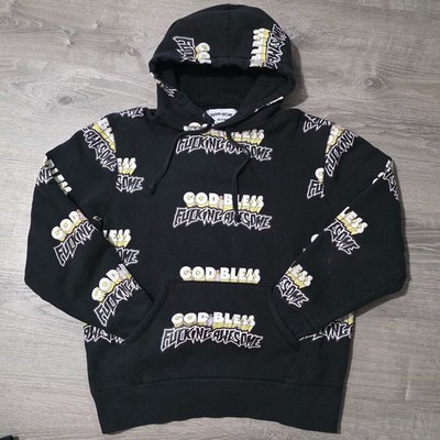 F*cking Awesome God Bless All Over Print Hoodie Black Mens Medium DISTRESSED