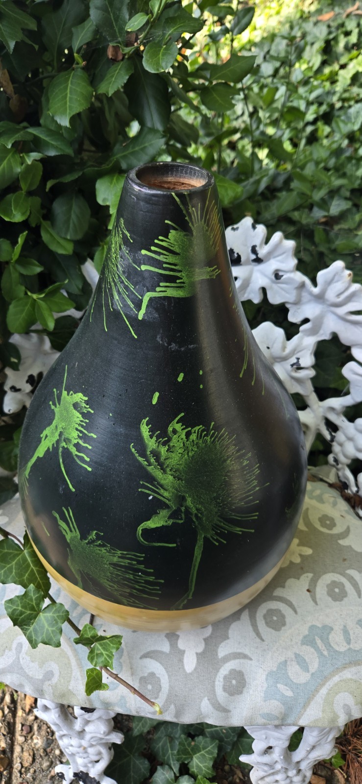 Wood Vase Black With Green Splashes And Tan. 16.5"TallX12"Wide. Urn Jug  Unique 