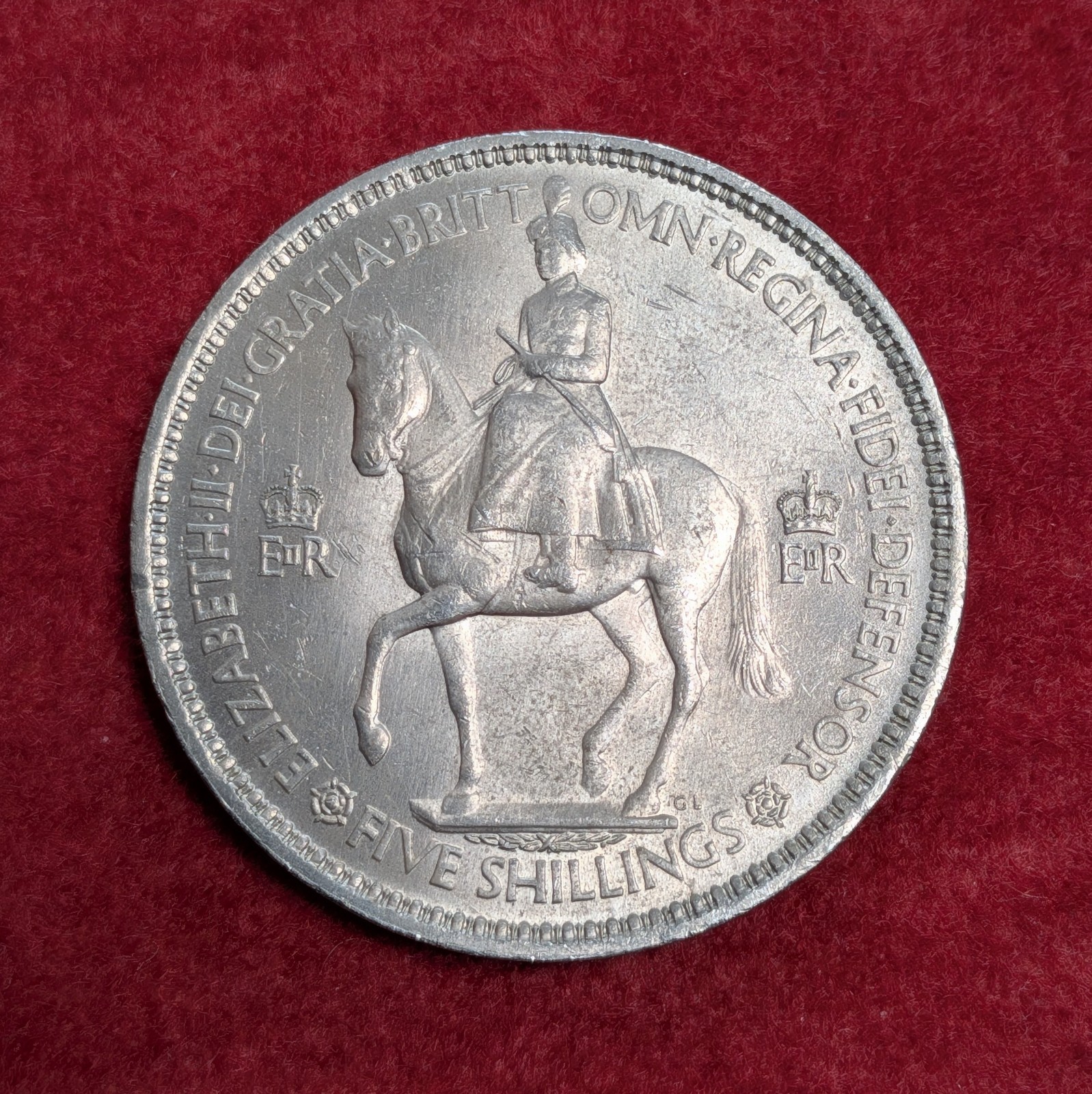 Genuine 1953 Coronation FIVE SHILLINGS Queen Elizabeth II Horseback 5/- UK Coin