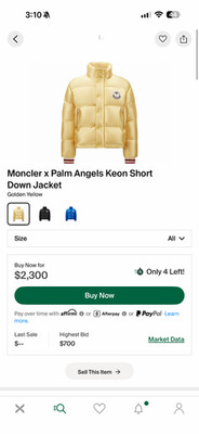 Brand New Moncler x Palm Angels Keon Down Puffer Bomber Jacket Gold Sz 2