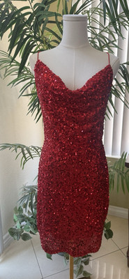 Windsor Women's Cocktail Sequin Bodycon Mini Dress Lace Up Back Red Size L