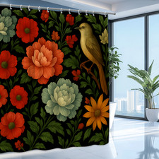 Floral Shower Curtain with Colorful Flowers and Bird Design