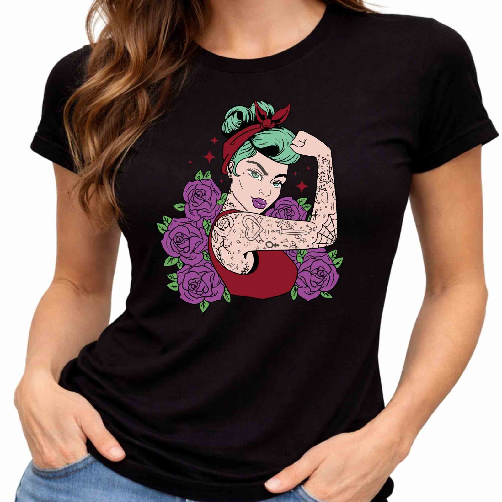 Camiseta Pin Up Niña Rockabilly Tatuaje Rosas Retro Mujer Fuerte Camiseta Vintage.