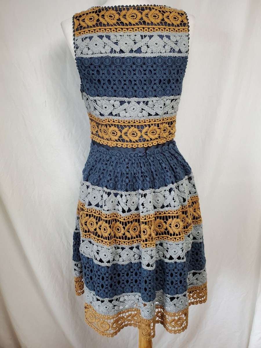 maeve crochet dress Maeve Crochet Stripe Fit & Flare Shift Dress Sz 2 Anthropologie Blue Gold  Gray