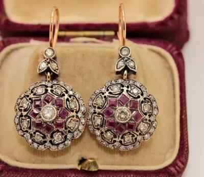 Vintage Art Deco Lab Created Diamond & Ruby Rose Over 925 Silver Gift Earrings