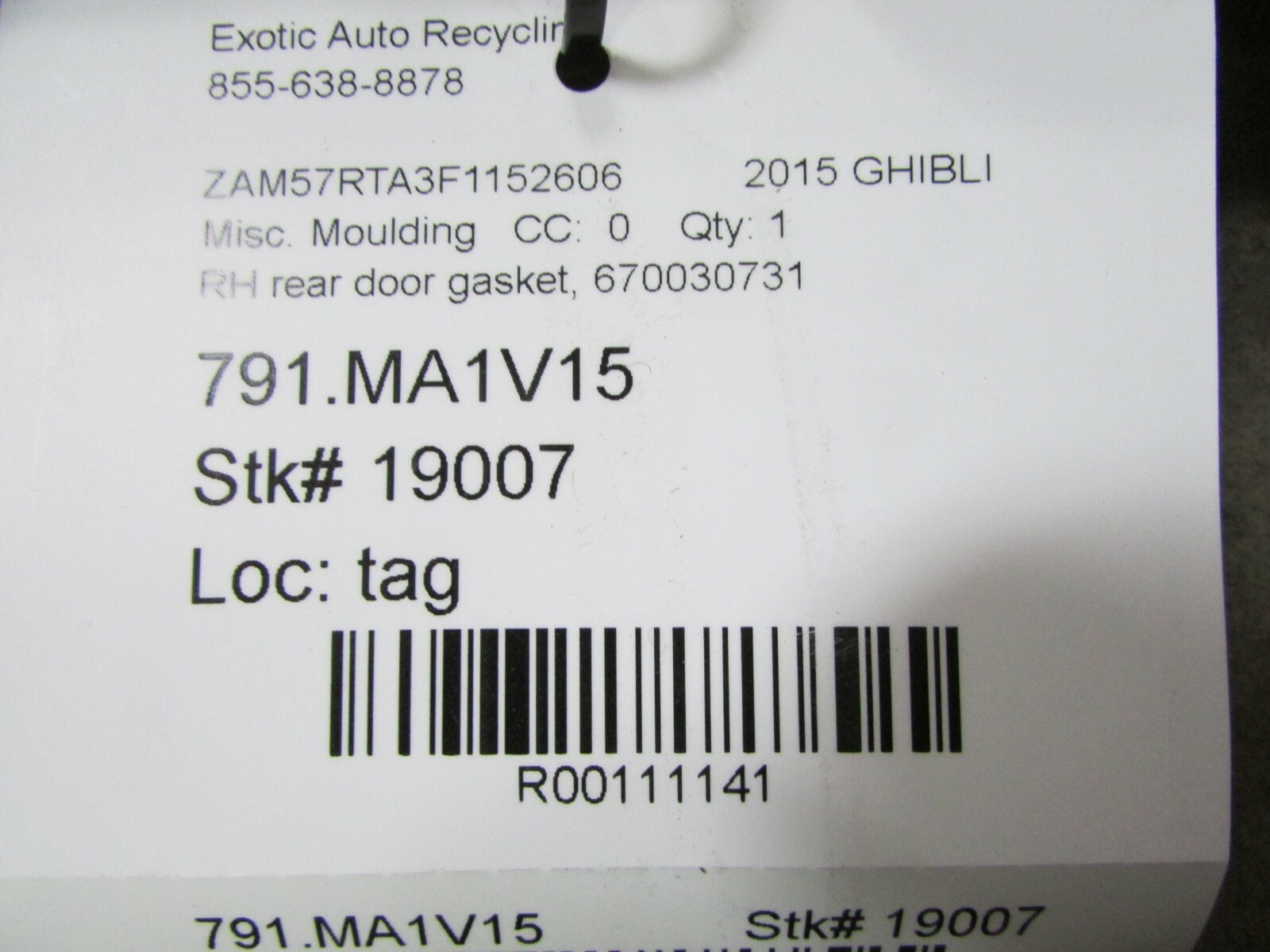 Maserati Ghibli, RH, Right Rear Door Gasket, Used, P/N 670030731