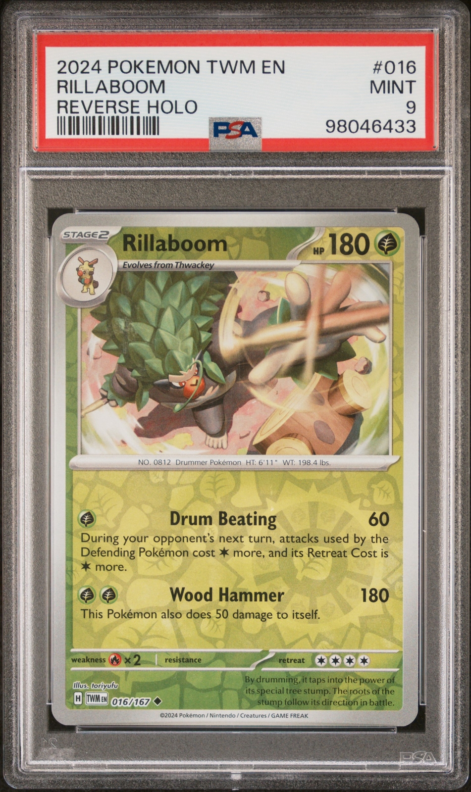 2024 POKEMON TWILIGHT MASQUERADE TWM EN #16 RILLABOOM REVERSE HOLO PSA 9 POP 1!