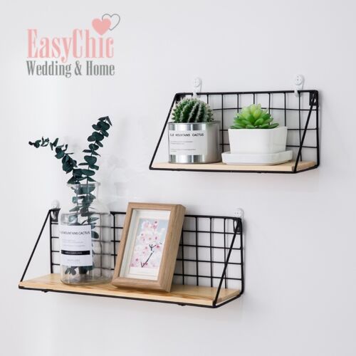 Industrial Metal Wire Wood Wall Shelf Kitchen Bathroom Storage Shelf Black White - Afbeelding 1 van 11