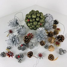 Pinecone Ornament Lot, Silver Gold Holly Berry Christmas holiday decor
