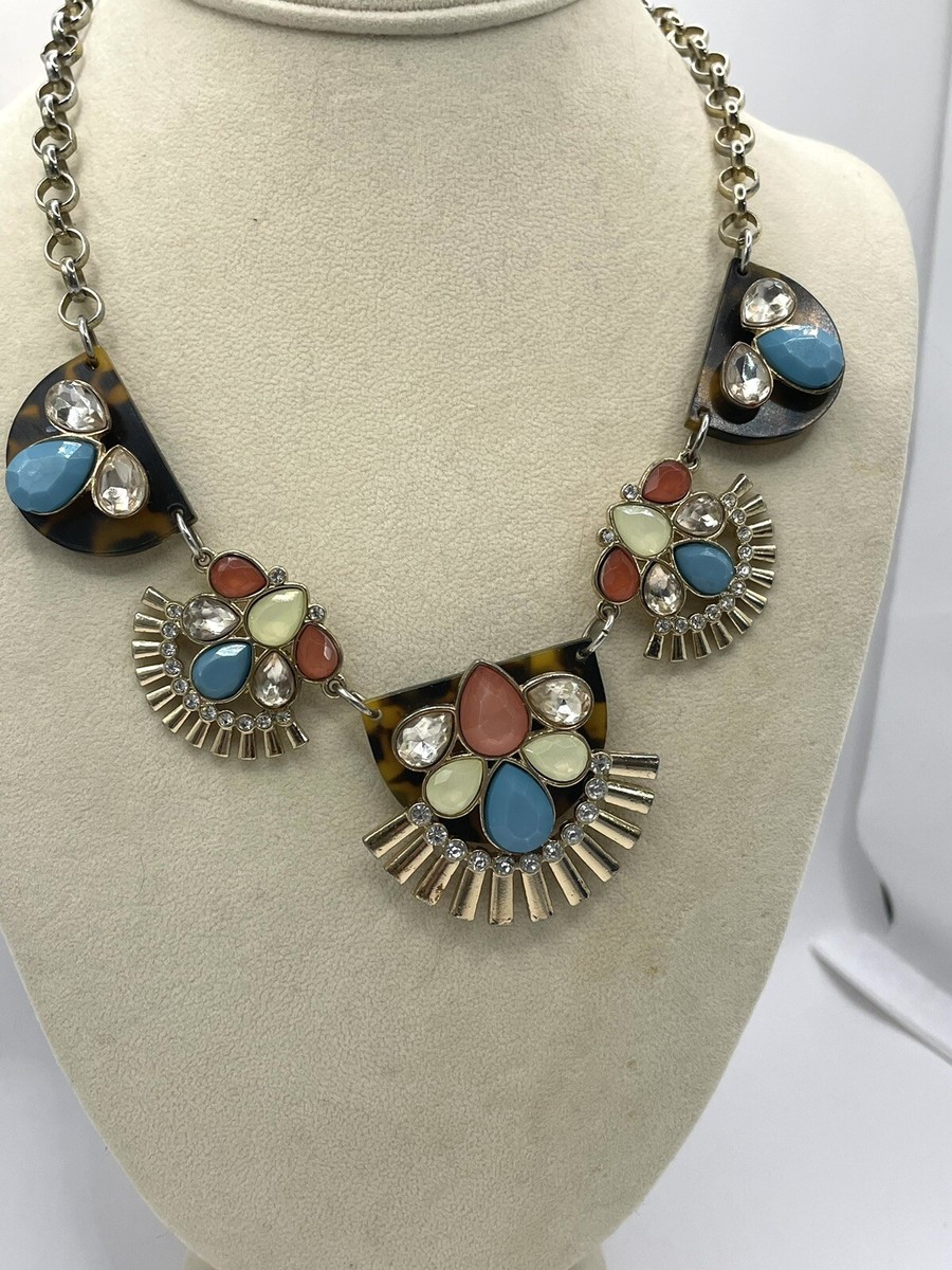 Colorful Statement Necklace Coral Turquoise Tortoise Rhinestone Bib Necklace