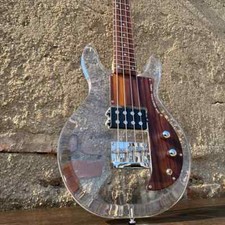 Electric Bass Guitar Crystal Clear Acrylic Body,Wood Pickguard,Rosewood 4String 