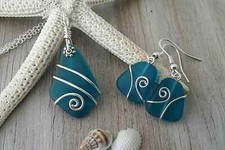 Hawaiian Jewelry Sea Glass Set, Wired Wrapped Teal Necklace Earrings Jewelry