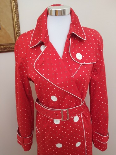 BANDOLINO Stretch Sz L Coat Red White Polka Dot w/Pockets Button Front Belt EUC - Picture 12 of 12