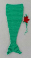 MERMAID TAIL BLANKET 24 IN INFANT SIZED KNIT GREEN WITH RED FLOWER HEADBAND NWOT