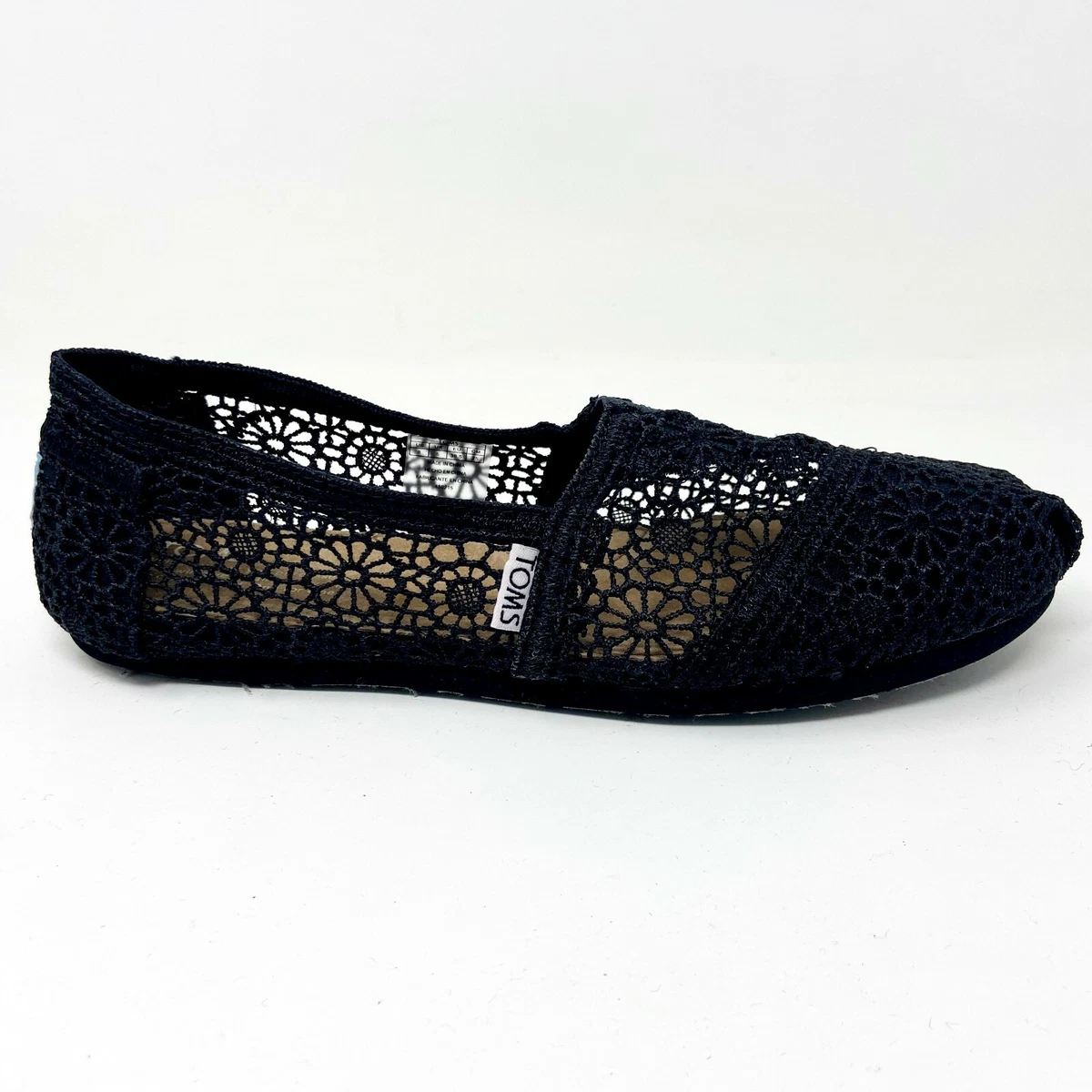 Toms Classics Black Morocco Crochet Womens Slip On Casual Canvas Flat Shoes