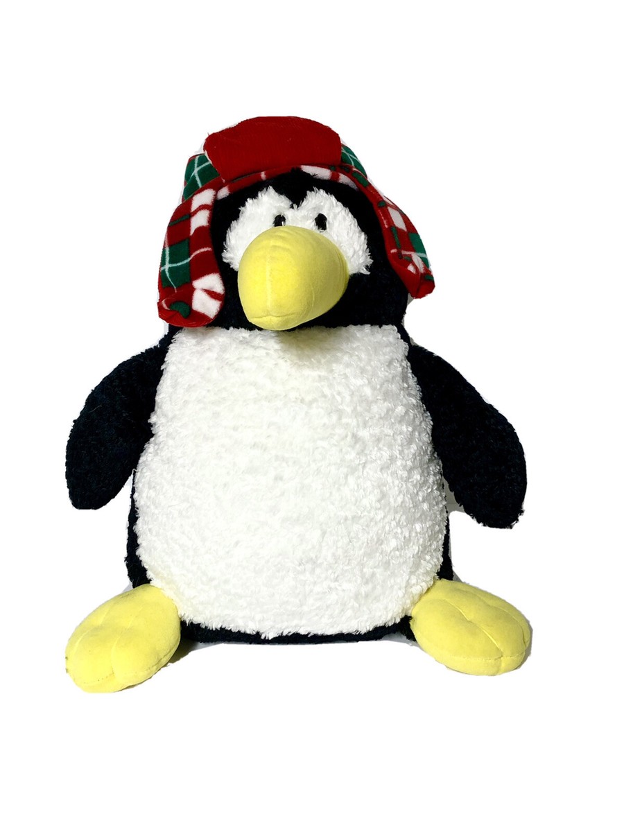 GUND Black Penguin Stuffed Plush Red Plaid Trapper Hat W/ Flaps Animal 16”