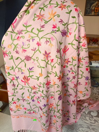 KASHMIRI CREWEL pale blossam EMBROIDERED SHAWL 100% CASHMERE PASHMINA SCARF - Picture 5 of 9