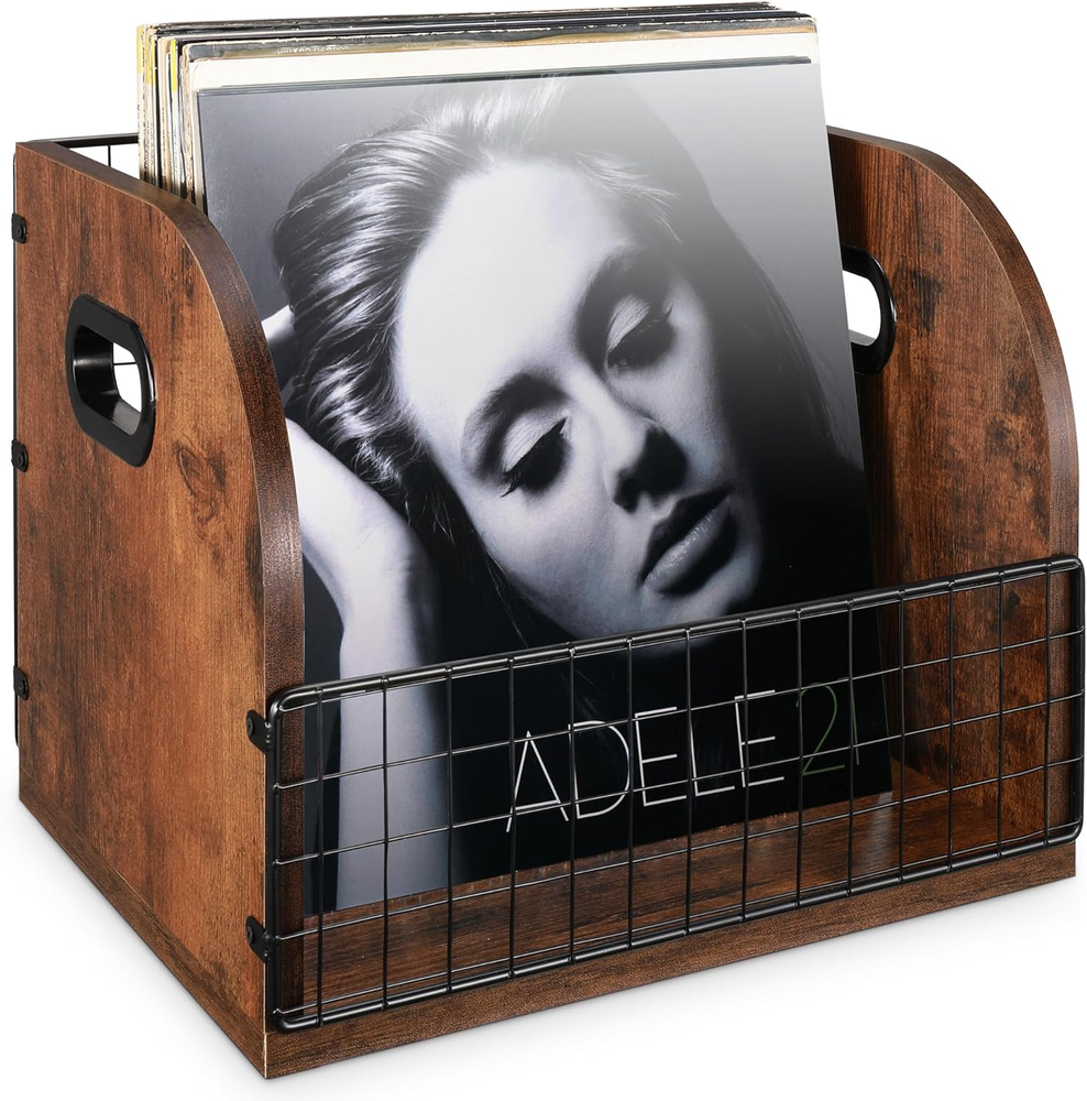 Rustic Vinyl Record Storage Crate, Holds 50-60 LPs, Wooden Album Holder