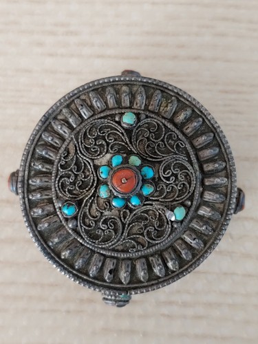 Antique Tibet Art Silver Lace Jewelry Trinket Box Red Coral Turquoise Handicraft - Picture 6 of 12