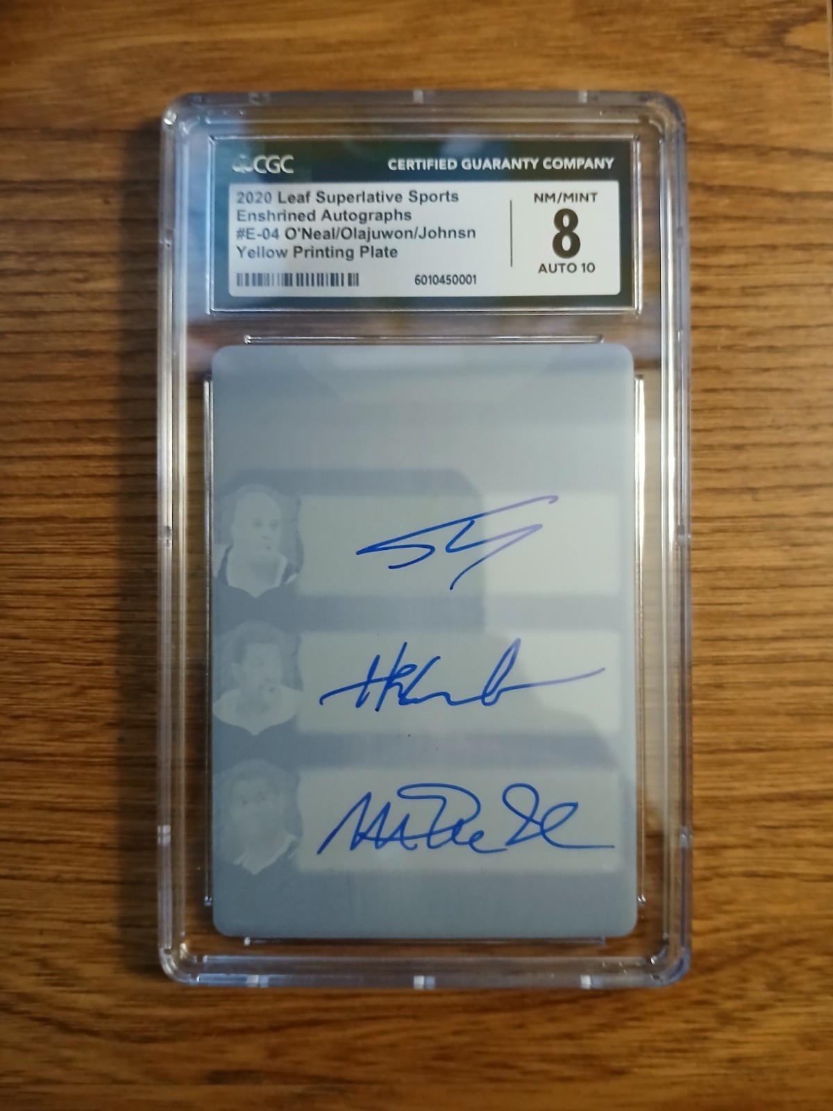 2020 Leaf Yellow Printing Plate 1/1 O'Neal/Olajuwon/Johnson Triple Auto CGC 8 