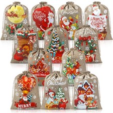 12 PCS 15.7x11.8 Inch Large Christmas Burlap Drawstring Gift Bags Holiday