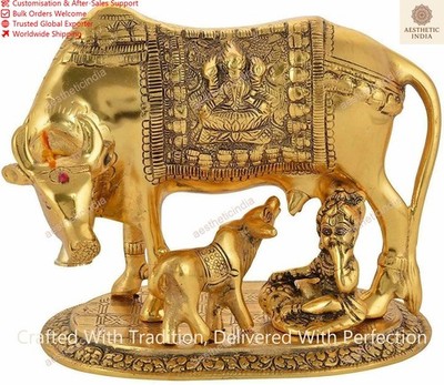 Metall Handarbeit Kamdhenu Kuh mit Kalb und Krishna Figur Deko Geschenkartikel