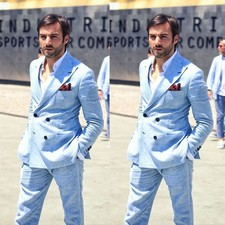 Blue Linen Men's Suits Peak Lapel Double Breasted Casual Wedding Groom Tuxedos