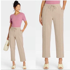 A New Day Women  s Straight Leg Ankle Pants Beige Drawstring Pockets Size S