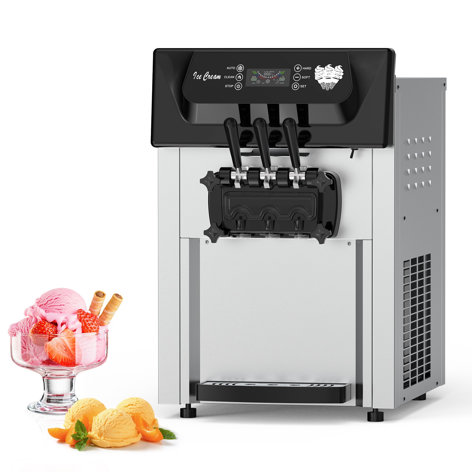 Commercial Soft Serve Ice Cream Machine 2200W 3 Heads 2+1 Flavors Auto Cleaning