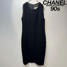 90s CHANEL Wool Tweed Sleeveless Design Long Dress MADE IN FRANCE