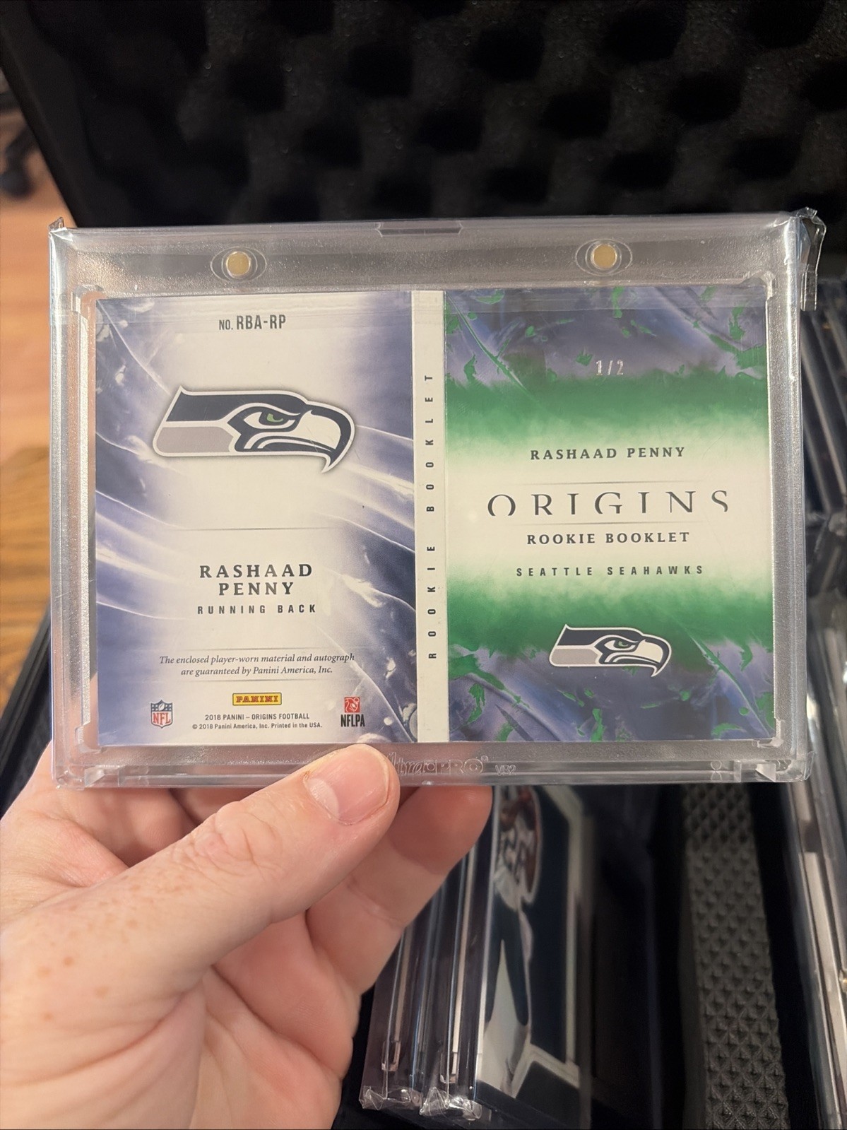 2018 Origins - 1/2 RC Booklet Patch Auto Rashaad Penny #RBA-RP Glove MEM view 2